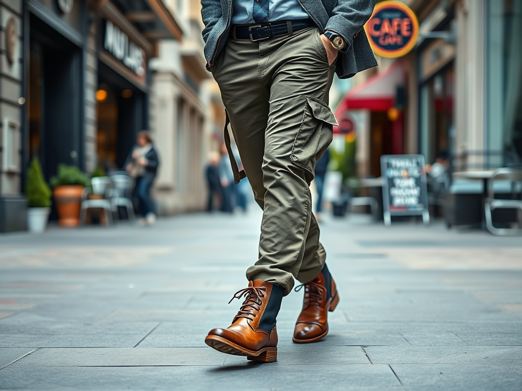 Een man loopt door een stadse straat in casual kleding en leren schoenen, met cafés op de achtergrond.