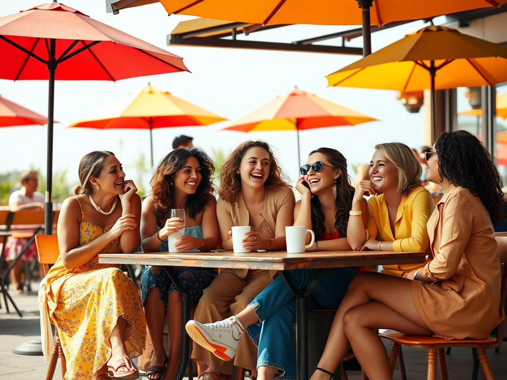 Zes vrouwen lachen en genieten van koffie onder felgekleurde parasols op een zonnig terras.