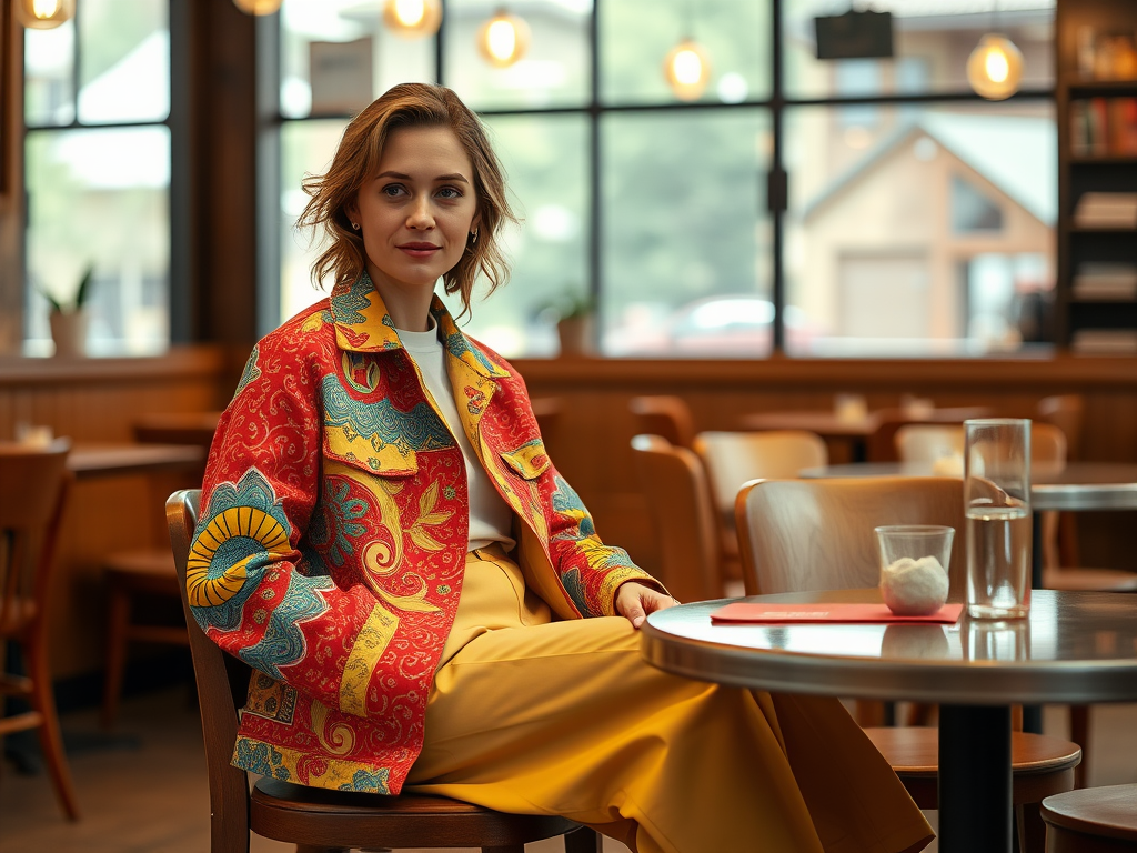 Een vrouw in een kleurrijke jas zit aan een tafel in een café met een rustige sfeer.