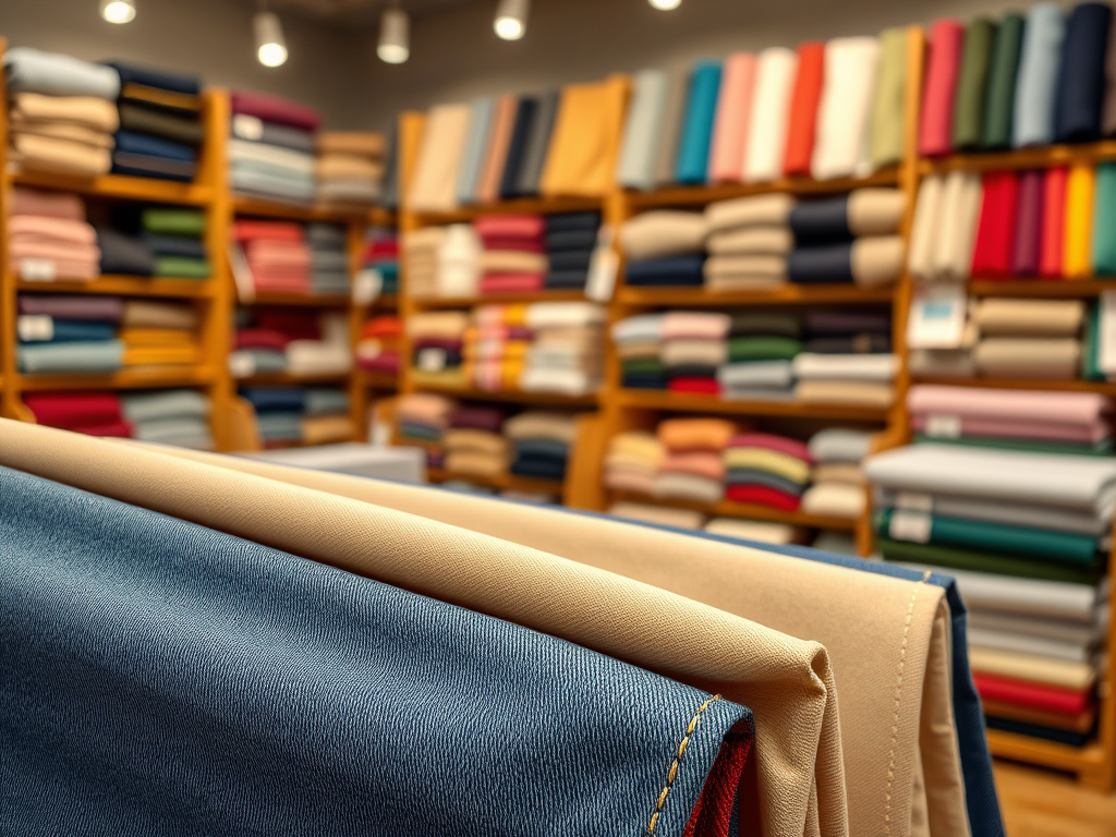Kleurrijke stoffenrolletjes in een stoffenwinkel, met een focus op een blauw en een beige stuk vooraan.