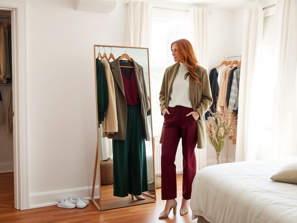 Een vrouw met lang, kastanjebruin haar staat voor een spiegel en kijkt naar haar outfit in een sfeervolle slaapkamer.