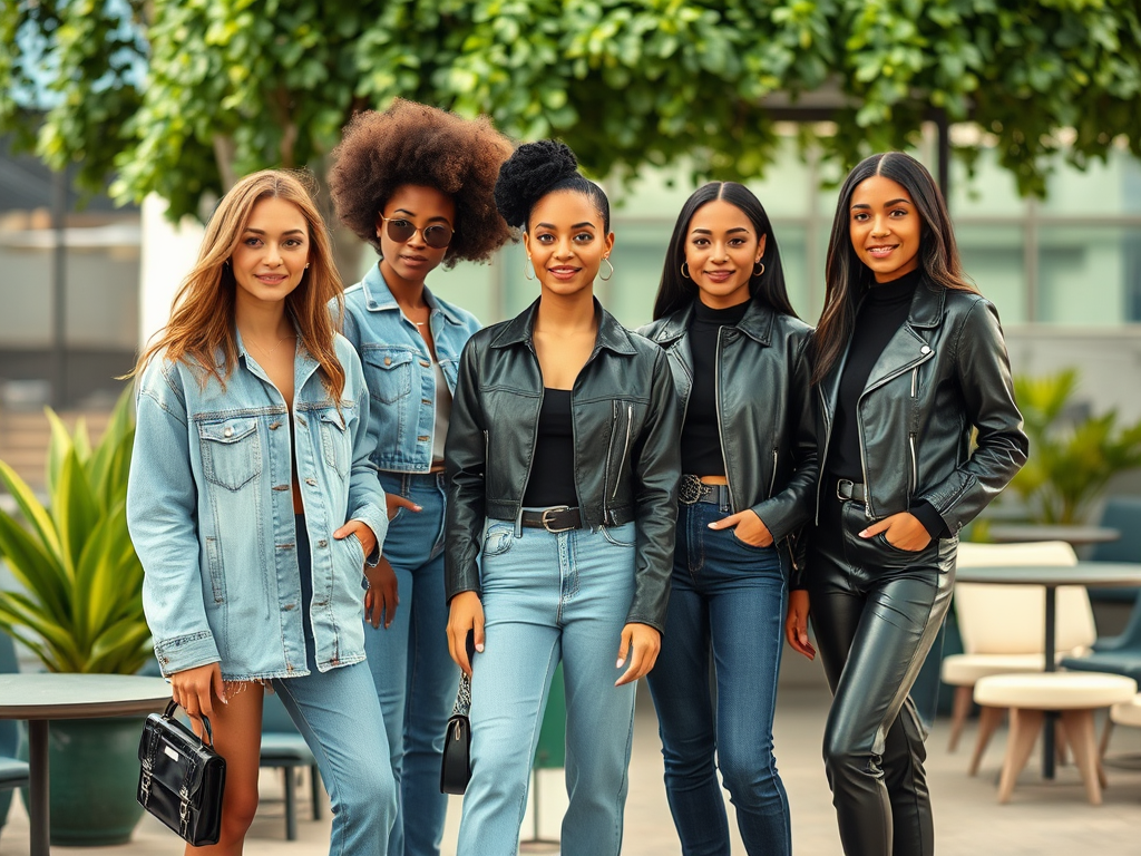 Vijf stijlvolle vrouwen poseren buiten, gekleed in denim en leren jacks, in een moderne, groene omgeving.