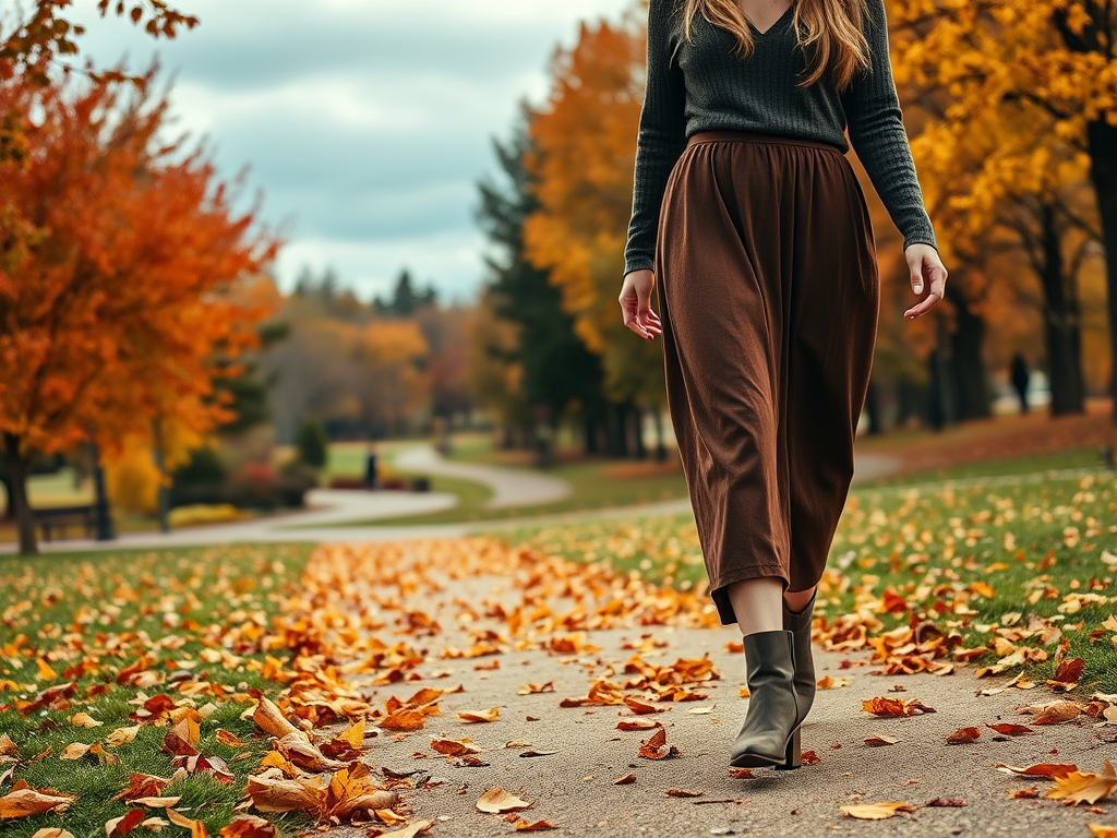 Een vrouw in een bruine rok wandelt over een pad bedekt met herfstbladeren in een kleurrijke omgeving.