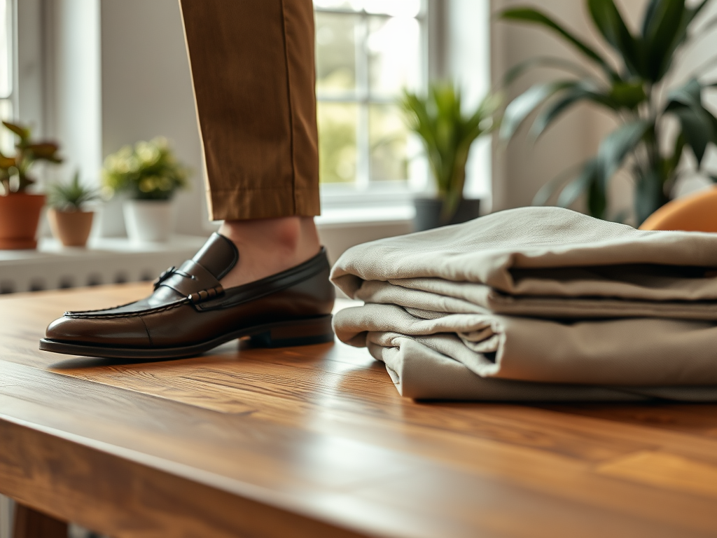 Een persoon staat op een tafel met een paar nette, leren schoenen, naast opgevouwde stoffen. Planten zijn op de achtergrond.