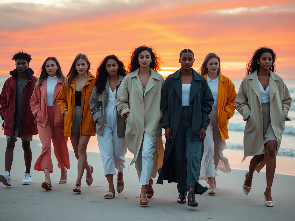 Een groep van negen modellen in stijlvolle jassen loopt langs het strand tijdens een prachtige zonsondergang.