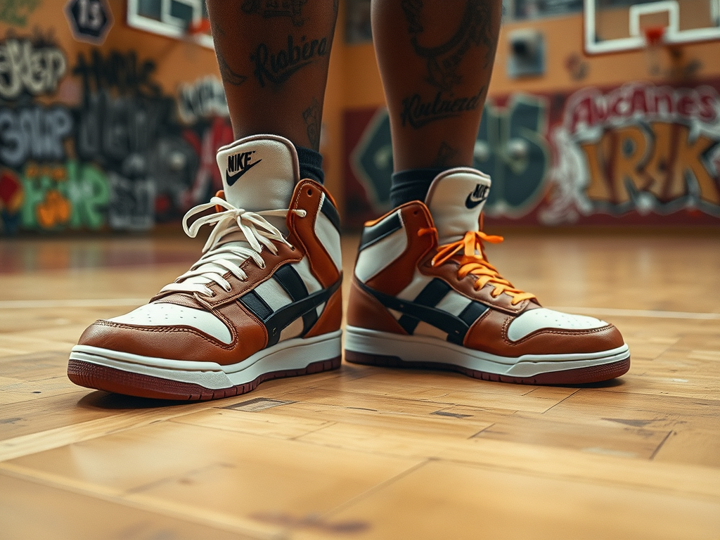 Sportschoenen met een mix van kleuren, staan op een houten vloer in een graffiti-gevuld gymzaal.