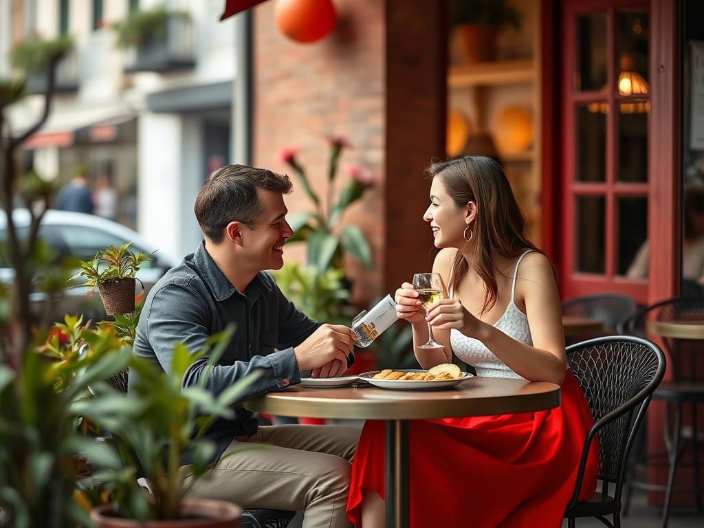 Een jong stel geniet van een intiem gesprek met hapjes en drankjes op een terras. De sfeer is gezellig en vrolijk.