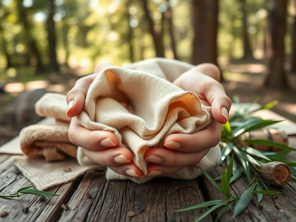 Een paar handen houden een zachte, crèmekleurige doek vast op een houten tafel in een bosrijke omgeving.