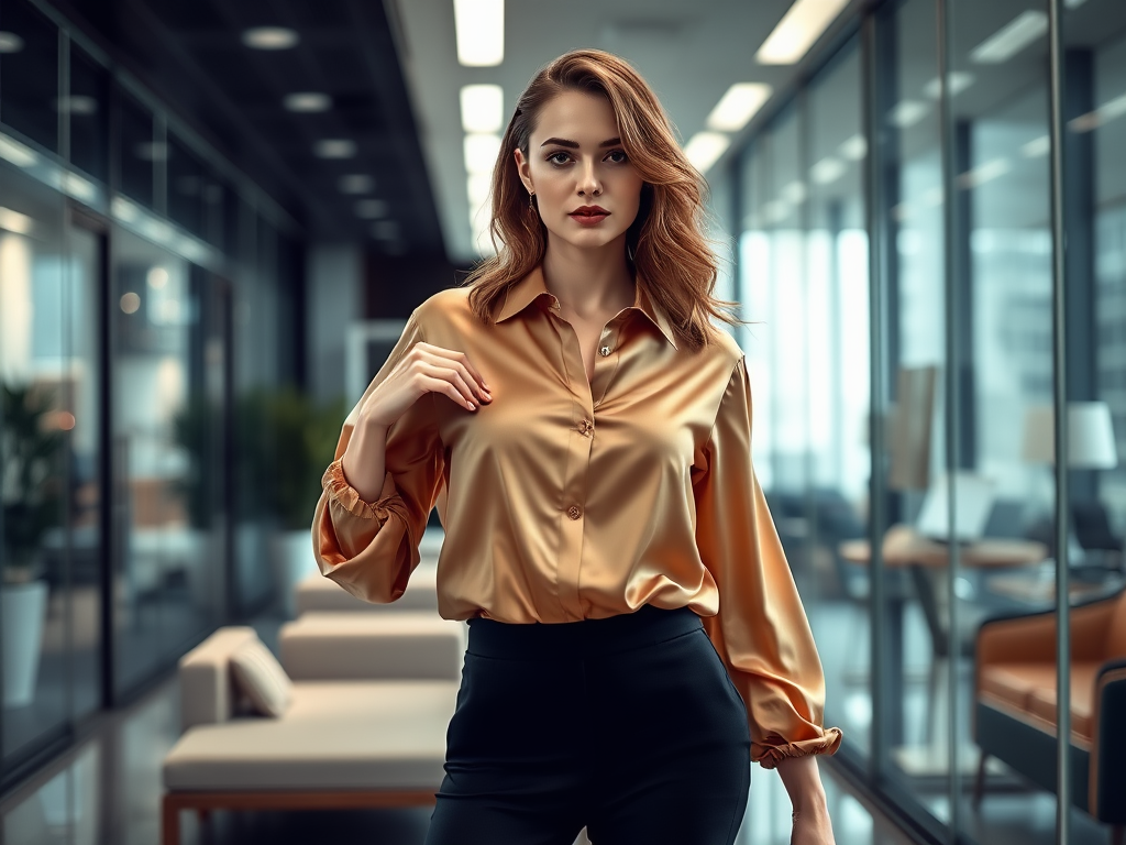 Een vrouw in een gouden blouse poseert in een moderne kantoorruimte met glazen wanden.