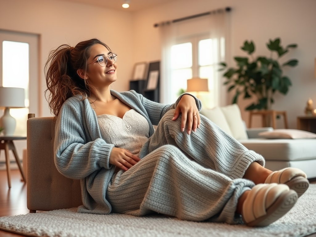 Een vrouw in een cozy outfit zit ontspannen in een moderne woonkamer met planten en natuurlijk licht.