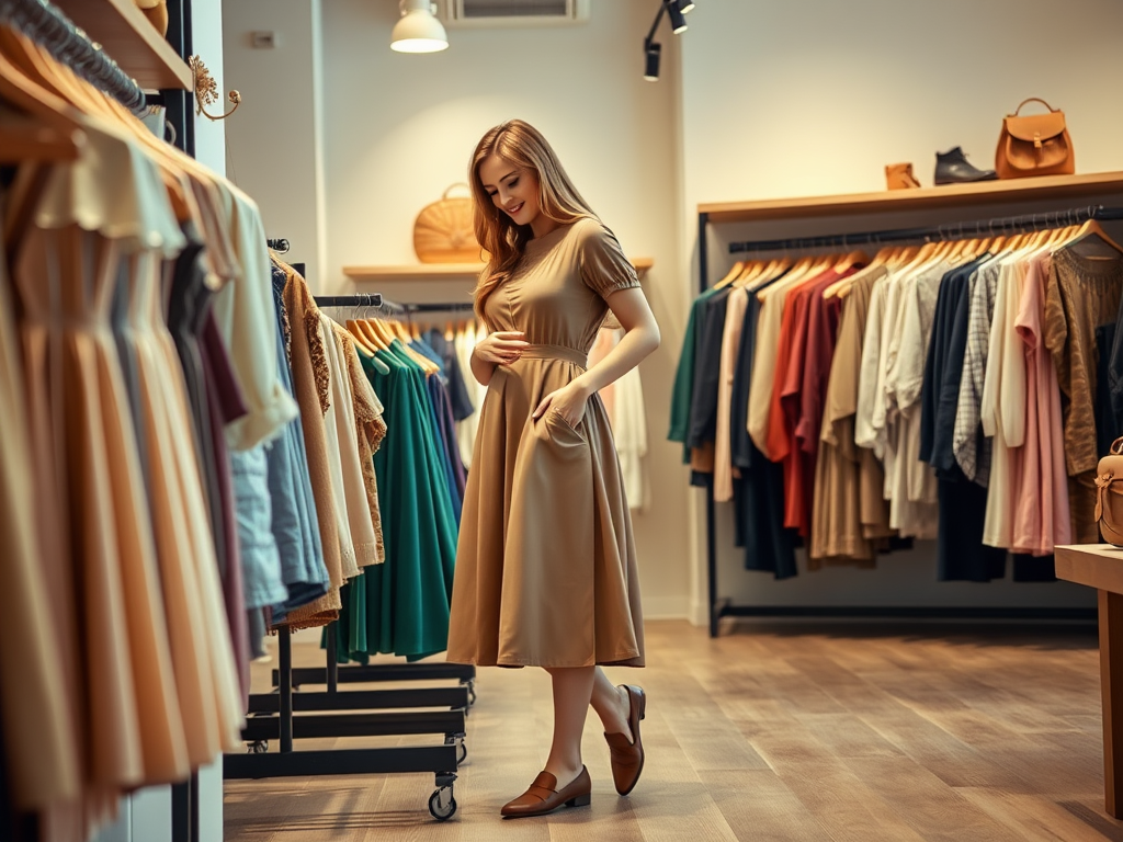 Een jonge vrouw in een bruine jurk staat in een modewinkel tussen kleurrijke kledingrekken.