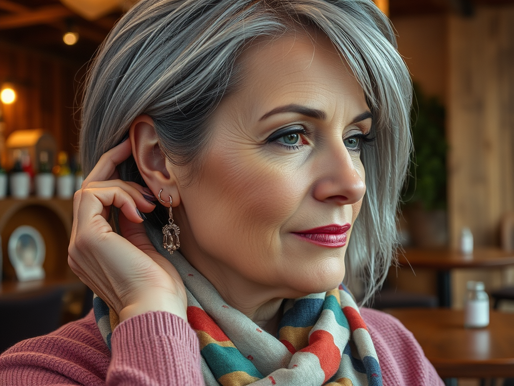 Vrouw met grijs haar en sieraden, die nadenkend naar rechts kijkt in een gezellige omgeving.