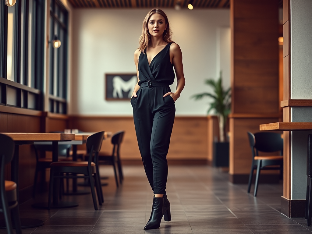 Een vrouw in een zwarte jumpsuit poseert in een modern café met houten accenten en een stijlvolle uitstraling.