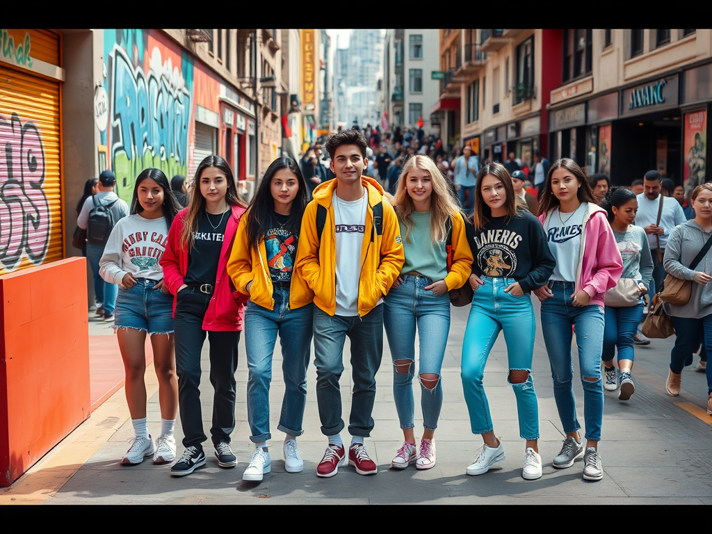 Een groep jongeren poseert op een drukke straat, omringd door kleurige muurschilderingen en winkelpanden.