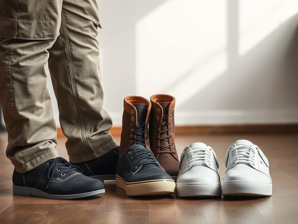 Een paar schoenen in verschillende stijlen en kleuren met een persoon in cargo-broek op de achtergrond.