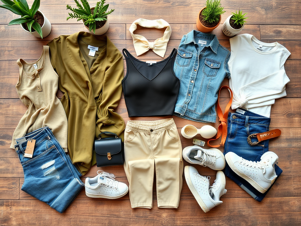 Kleding en accessoires op een houten tafel, waaronder tops, jeans, sneakers en tasjes met planten op de achtergrond.