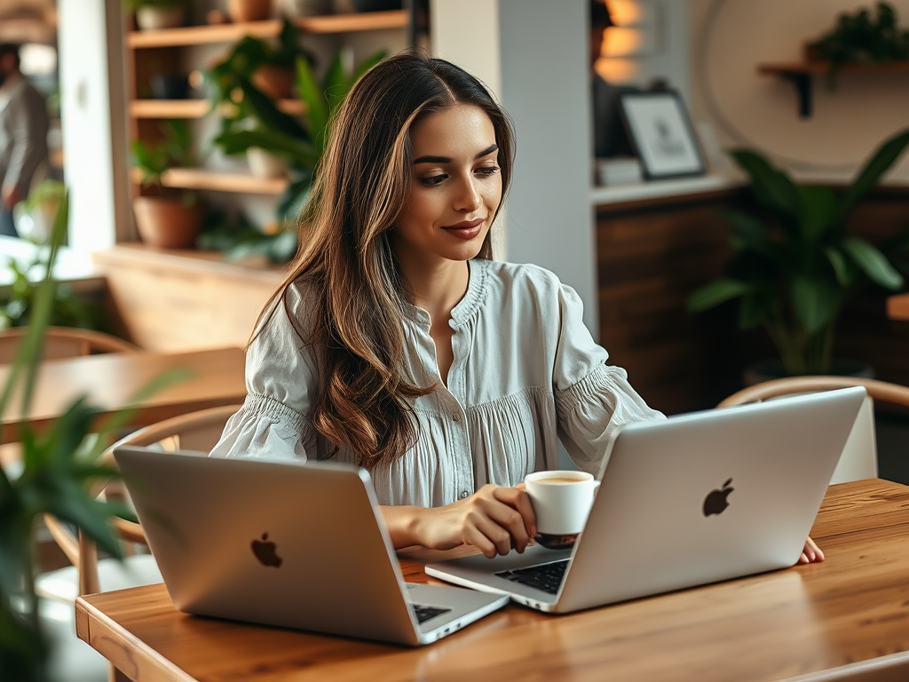 Een vrouw werkt met twee laptops en een koffiekopje in een gezellige, groen ingerichte ruimte.
