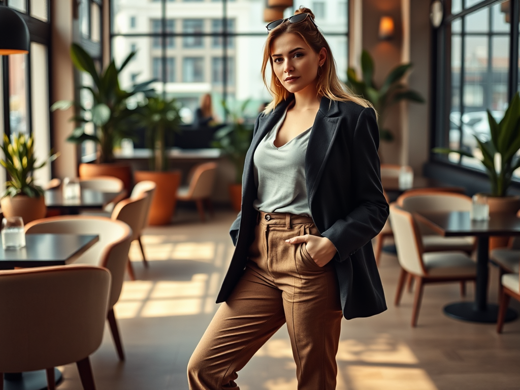 Een vrouw in een café met een blazer en een t-shirt, staand tussen planten en moderne meubels.